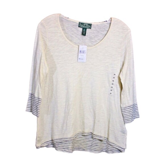 Lauren Active Ralph Lauren LRL Womens Top XS Striped Cream Navy Long Sleeve New - Picture 1 of 5